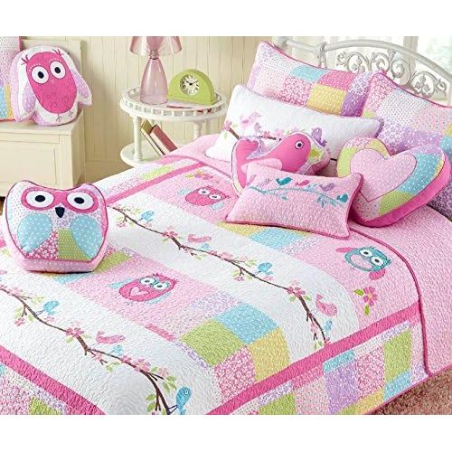  [아마존베스트]Cozy Line Home Fashions Cute Owl Pink Blue Green Birds Print Pattern Bedding Quilt Set, 100% Cotton Reversible Coverlet, Bedspreads (Twin - 2 Piece: 1 Quilt + 1 Standard Sham)