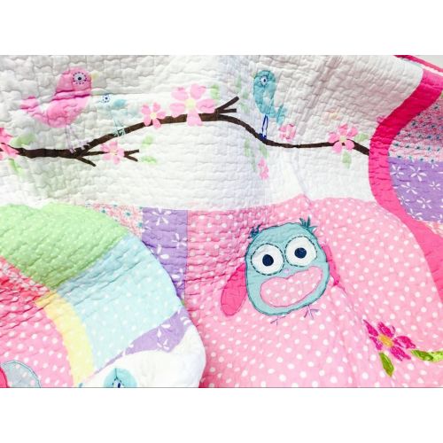  [아마존베스트]Cozy Line Home Fashions Cute Owl Pink Blue Green Birds Print Pattern Bedding Quilt Set, 100% Cotton Reversible Coverlet, Bedspreads (Twin - 2 Piece: 1 Quilt + 1 Standard Sham)
