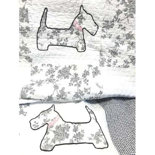  [아마존베스트]Cozy Line Home Fashions Scottie Pup Pink White Grey Dog Flower Pattern Printed Patchwork Cotton Bedding Quilt Set Coverlet Bedspreads (Grey/White, Twin - 2 Piece: 1 Quilt + 1 Stand