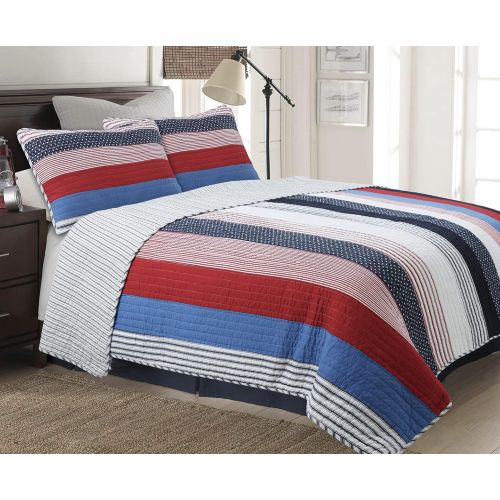  [아마존베스트]Cozy Line Home Fashions Axel Bedding Quilt Set, Nautical Navy Blue Red Striped Print 100% Cotton Reversible Coverlet Bedspread for Kids/Boy(Axel Stripe, Twin - 2 Piece)