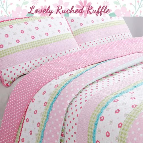  [아마존베스트]Cozy Line Home Fashions Pink Greta Pastel Polka Dot Flower 100% Cotton Reversible Quilt Bedding Set (Twin - 2 Piece)