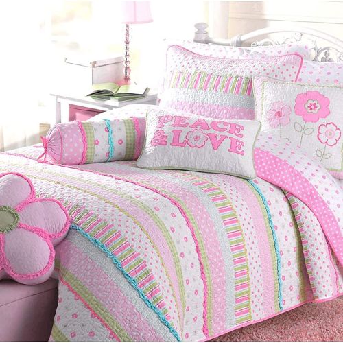  [아마존베스트]Cozy Line Home Fashions Pink Greta Pastel Polka Dot Flower 100% Cotton Reversible Quilt Bedding Set (Twin - 2 Piece)