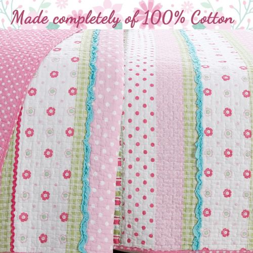  [아마존베스트]Cozy Line Home Fashions Pink Greta Pastel Polka Dot Flower 100% Cotton Reversible Quilt Bedding Set (Twin - 2 Piece)
