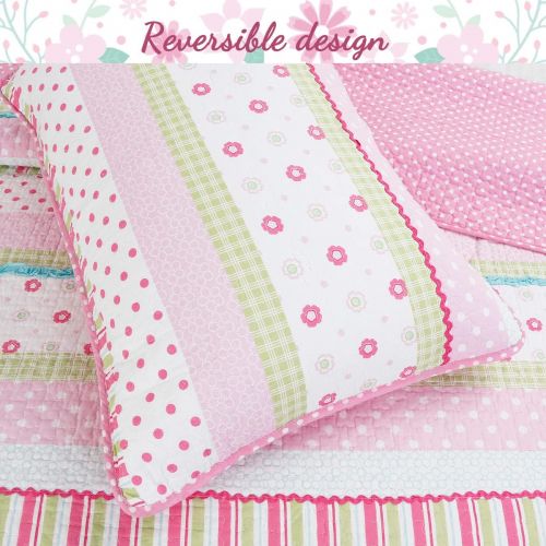  [아마존베스트]Cozy Line Home Fashions Pink Greta Pastel Polka Dot Flower 100% Cotton Reversible Quilt Bedding Set (Twin - 2 Piece)