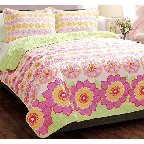  Cozy Line Home Fashions Anya Floral Bedding Quilt Set, Grey Yellow White Sunflower Flower Printed Reversible Coverlet Bedspread Gifts for Kids Women (Yellow Sunflower, FullQueen -