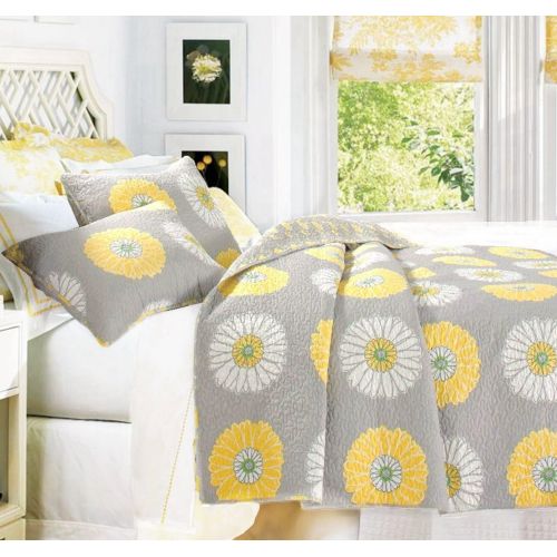  Cozy Line Home Fashions Anya Floral Bedding Quilt Set, Grey Yellow White Sunflower Flower Printed Reversible Coverlet Bedspread Gifts for Kids Women (Yellow Sunflower, FullQueen -