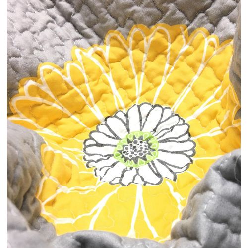  Cozy Line Home Fashions Anya Floral Bedding Quilt Set, Grey Yellow White Sunflower Flower Printed Reversible Coverlet Bedspread Gifts for Kids Women (Yellow Sunflower, FullQueen -