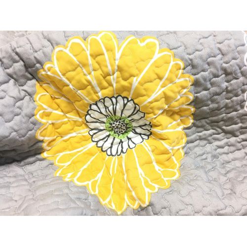  Cozy Line Home Fashions Anya Floral Bedding Quilt Set, Grey Yellow White Sunflower Flower Printed Reversible Coverlet Bedspread Gifts for Kids Women (Yellow Sunflower, FullQueen -