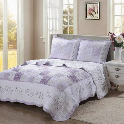  Cozy Line Home Fashions Love of Lilac Bedding Quilt Set, Light Purple Orchid Lavender Floral Real Patchwork 100% Cotton Reversible Coverlet, Bedspread, Gifts for Girls Women (Lilac