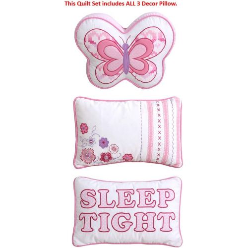  100% Cotton Lightweight but Warm Pink Butterfly Stripe Hearts Girls Bedding Quilt Set FullQueen by Cozy Line Home Fashions