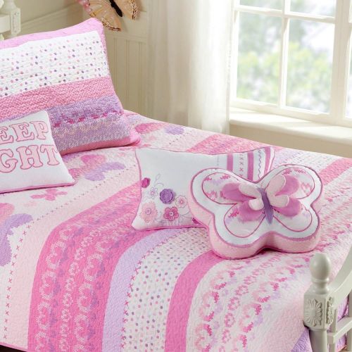 100% Cotton Lightweight but Warm Pink Butterfly Stripe Hearts Girls Bedding Quilt Set FullQueen by Cozy Line Home Fashions