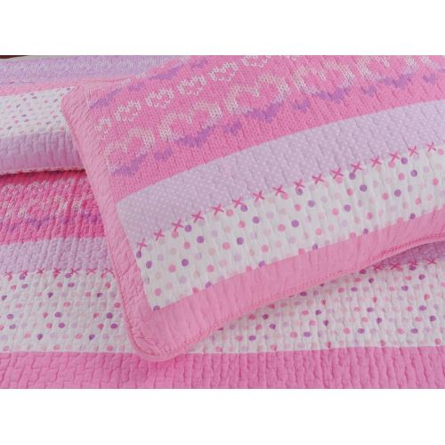  100% Cotton Lightweight but Warm Pink Butterfly Stripe Hearts Girls Bedding Quilt Set FullQueen by Cozy Line Home Fashions