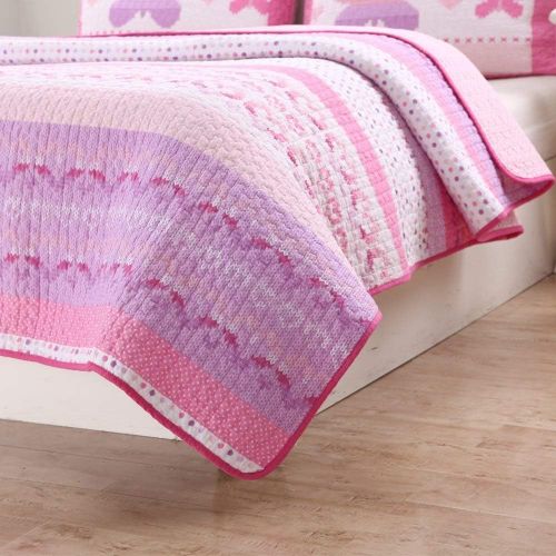  100% Cotton Lightweight but Warm Pink Butterfly Stripe Hearts Girls Bedding Quilt Set FullQueen by Cozy Line Home Fashions