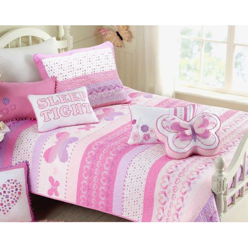  100% Cotton Lightweight but Warm Pink Butterfly Stripe Hearts Girls Bedding Quilt Set FullQueen by Cozy Line Home Fashions