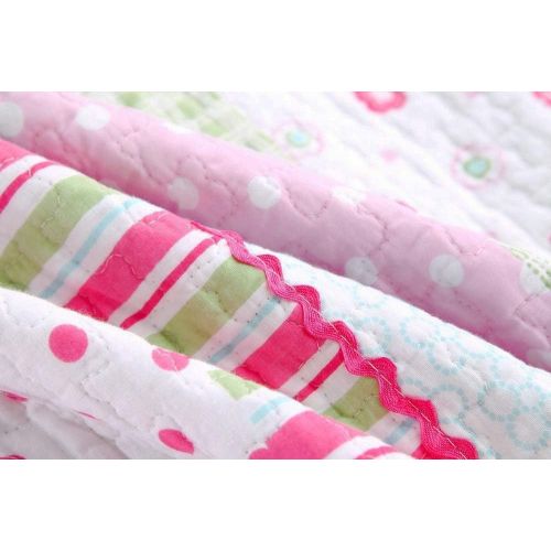  Cozy Line Home Fashions Pink Greta Pastel Polka Dot Green Blue Stripe Flower Print Cotton Bedding Quilt Set, Reversible Coverlet, Bedspread, Gifts for Kids Girls (Pastel Set, Full