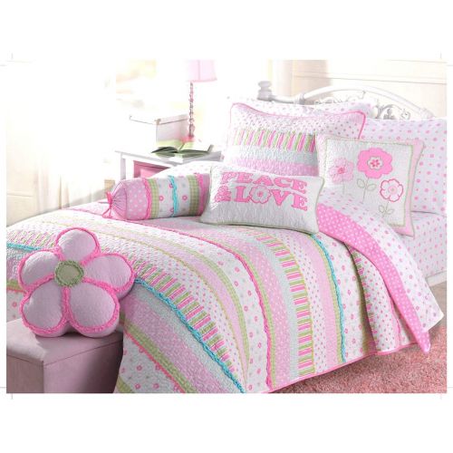  Cozy Line Home Fashions Pink Greta Pastel Polka Dot Green Blue Stripe Flower Print Cotton Bedding Quilt Set, Reversible Coverlet, Bedspread, Gifts for Kids Girls (Pastel Set, Full