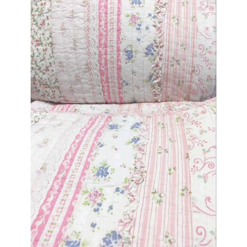  Cozy Line Home Fashions Pink Greta Pastel Polka Dot Green Blue Stripe Flower Print Cotton Bedding Quilt Set, Reversible Coverlet, Bedspread, Gifts for Kids Girls (Pastel Set, Full