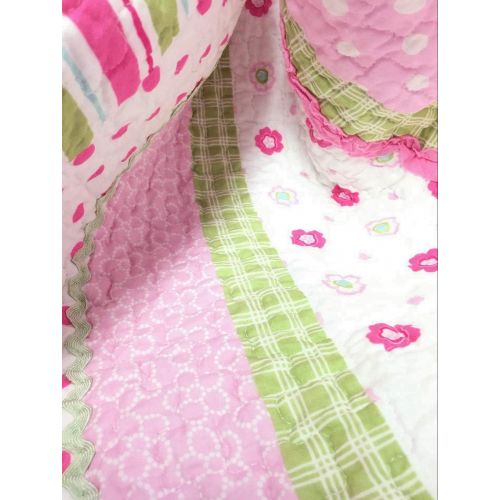  Cozy Line Home Fashions Pink Greta Pastel Polka Dot Green Blue Stripe Flower Print Cotton Bedding Quilt Set, Reversible Coverlet, Bedspread, Gifts for Kids Girls (Pastel Set, Full