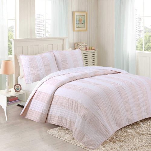  Cozy Line Home Fashions Pink Greta Pastel Polka Dot Green Blue Stripe Flower Print Cotton Bedding Quilt Set, Reversible Coverlet, Bedspread, Gifts for Kids Girls (Pastel Set, Full