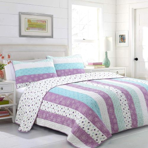  Cozy Line Home Fashions Pink Greta Pastel Polka Dot Green Blue Stripe Flower Print Cotton Bedding Quilt Set, Reversible Coverlet, Bedspread, Gifts for Kids Girls (Pastel Set, Full