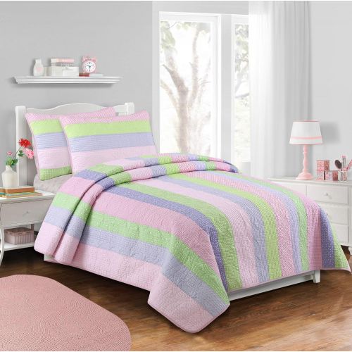  Cozy Line Home Fashions Pink Greta Pastel Polka Dot Green Blue Stripe Flower Print Cotton Bedding Quilt Set, Reversible Coverlet, Bedspread, Gifts for Kids Girls (Pastel Set, Full