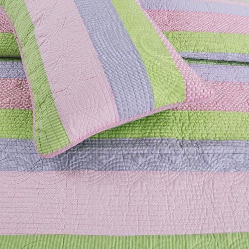  Cozy Line Home Fashions Pink Greta Pastel Polka Dot Green Blue Stripe Flower Print Cotton Bedding Quilt Set, Reversible Coverlet, Bedspread, Gifts for Kids Girls (Pastel Set, Full