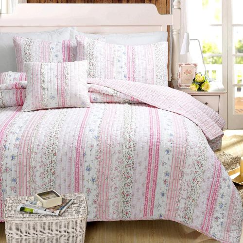  Cozy Line Home Fashions Pink Greta Pastel Polka Dot Green Blue Stripe Flower Print Cotton Bedding Quilt Set, Reversible Coverlet, Bedspread, Gifts for Kids Girls (Pastel Set, Full