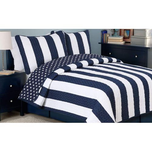  Cozy Line Home Fashions Jurassic Park Dinosaur Benjamin Plaid Print Pattern Navy Blue White Grey Bedding Quilt Set Reversible Coverlet Bedspread 100% Cotton Gifts for Kids Boy(Twin