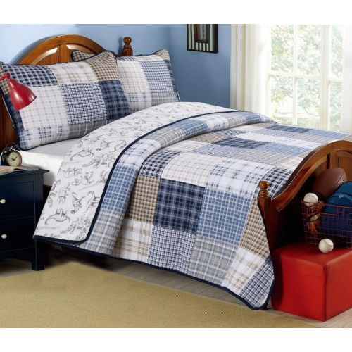  Cozy Line Home Fashions Jurassic Park Dinosaur Benjamin Plaid Print Pattern Navy Blue White Grey Bedding Quilt Set Reversible Coverlet Bedspread 100% Cotton Gifts for Kids Boy(Twin