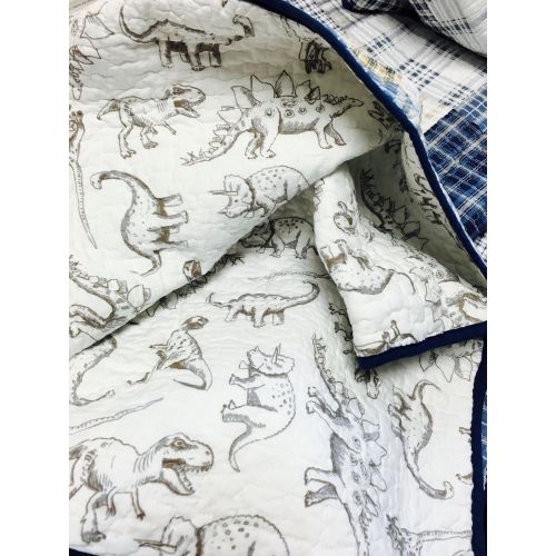  Cozy Line Home Fashions Jurassic Park Dinosaur Benjamin Plaid Print Pattern Navy Blue White Grey Bedding Quilt Set Reversible Coverlet Bedspread 100% Cotton Gifts for Kids Boy(Twin