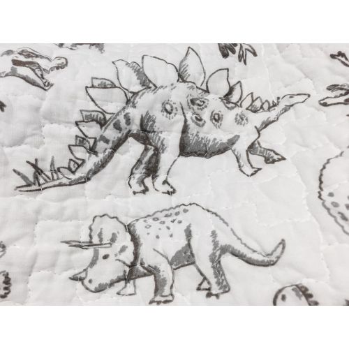  Cozy Line Home Fashions Jurassic Park Dinosaur Benjamin Plaid Print Pattern Navy Blue White Grey Bedding Quilt Set Reversible Coverlet Bedspread 100% Cotton Gifts for Kids Boy(Twin