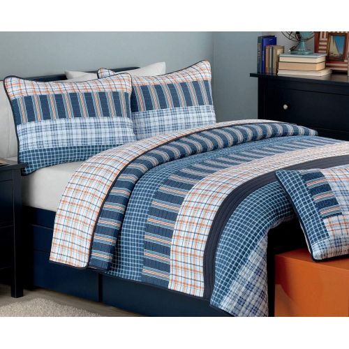  Cozy Line Home Fashions Jurassic Park Dinosaur Benjamin Plaid Print Pattern Navy Blue White Grey Bedding Quilt Set Reversible Coverlet Bedspread 100% Cotton Gifts for Kids Boy(Twin