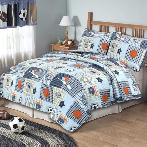  Cozy Line Home Fashions Jurassic Park Dinosaur Benjamin Plaid Print Pattern Navy Blue White Grey Bedding Quilt Set Reversible Coverlet Bedspread 100% Cotton Gifts for Kids Boy(Twin