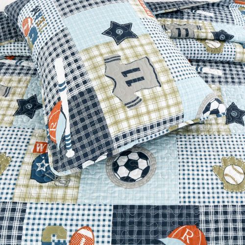  Cozy Line Home Fashions Jurassic Park Dinosaur Benjamin Plaid Print Pattern Navy Blue White Grey Bedding Quilt Set Reversible Coverlet Bedspread 100% Cotton Gifts for Kids Boy(Twin