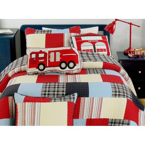  Cozy Line Home Fashions Jurassic Park Dinosaur Benjamin Plaid Print Pattern Navy Blue White Grey Bedding Quilt Set Reversible Coverlet Bedspread 100% Cotton Gifts for Kids Boy(Twin