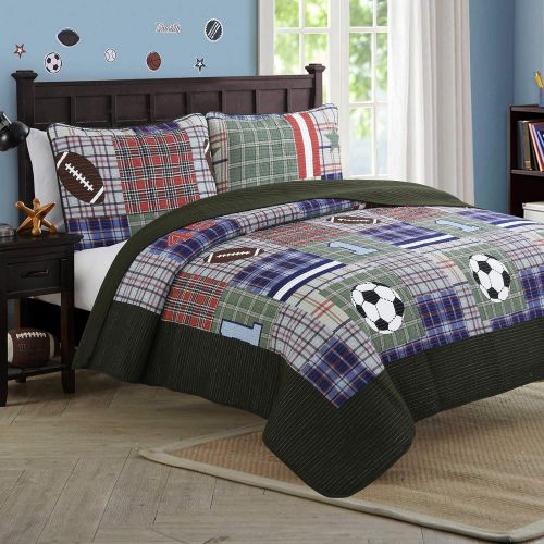  Cozy Line Home Fashions Jurassic Park Dinosaur Benjamin Plaid Print Pattern Navy Blue White Grey Bedding Quilt Set Reversible Coverlet Bedspread 100% Cotton Gifts for Kids Boy(Twin