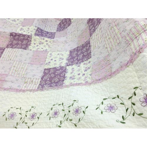  Cozy Line Home Fashions Love of Lilac Bedding Quilt Set, Light Purple Orchid Lavender Floral Real Patchwork 100% Cotton Reversible Coverlet, Bedspread, Gifts for Girls Women (Lilac