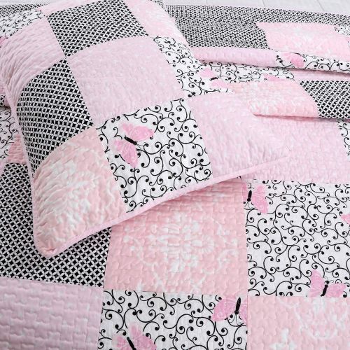  Cozy Line Home Fashions Vivinna Baby Pink White Black Grid Flower Pattern Patchwork Cotton Bedding Quilt Set Coverlet Bedspreads for Kids Girls Women(Pink/Black, Twin - 2 Piece)