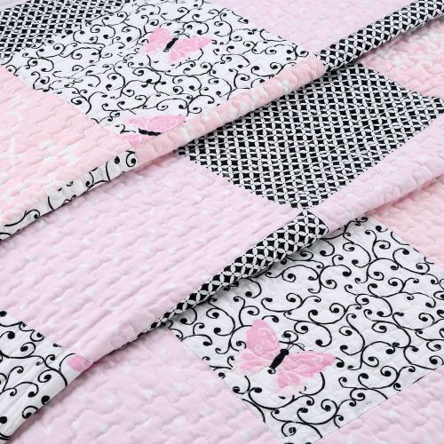  Cozy Line Home Fashions Vivinna Baby Pink White Black Grid Flower Pattern Patchwork Cotton Bedding Quilt Set Coverlet Bedspreads for Kids Girls Women(Pink/Black, Twin - 2 Piece)