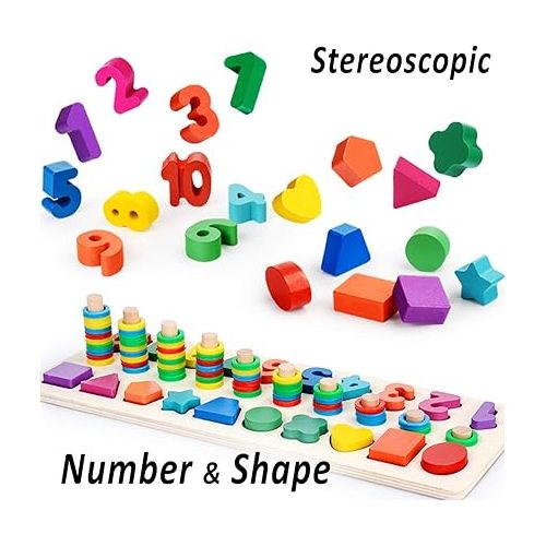  CozyBomB™ Wooden Number Puzzle Sorting Montessori Toys for 1 Year Old Toddlers - Shape Sorter Counting Game for age 3 4 5 year olds, Preschool Education Math Stacking Block Learning Wood Chunky Jigsaw