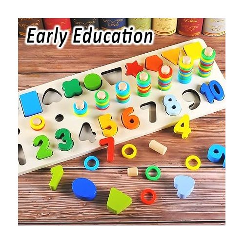  CozyBomB™ Wooden Number Puzzle Sorting Montessori Toys for 1 Year Old Toddlers - Shape Sorter Counting Game for age 3 4 5 year olds, Preschool Education Math Stacking Block Learning Wood Chunky Jigsaw