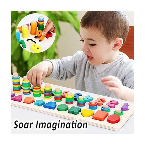  CozyBomB™ Wooden Number Puzzle Sorting Montessori Toys for 1 Year Old Toddlers - Shape Sorter Counting Game for age 3 4 5 year olds, Preschool Education Math Stacking Block Learning Wood Chunky Jigsaw