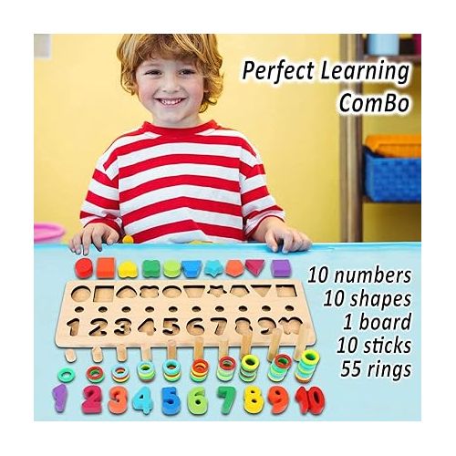  CozyBomB™ Wooden Number Puzzle Sorting Montessori Toys for 1 Year Old Toddlers - Shape Sorter Counting Game for age 3 4 5 year olds, Preschool Education Math Stacking Block Learning Wood Chunky Jigsaw