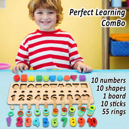  [아마존 핫딜] [아마존핫딜]CozyBomB CozyBomb Wooden Number Puzzle Sorting Montessori Toys for Toddlers - Shape Sorter Game for age 2 3 4 5 year olds kids - Preschool Education Math Stacking Block - Learning Wood Toys