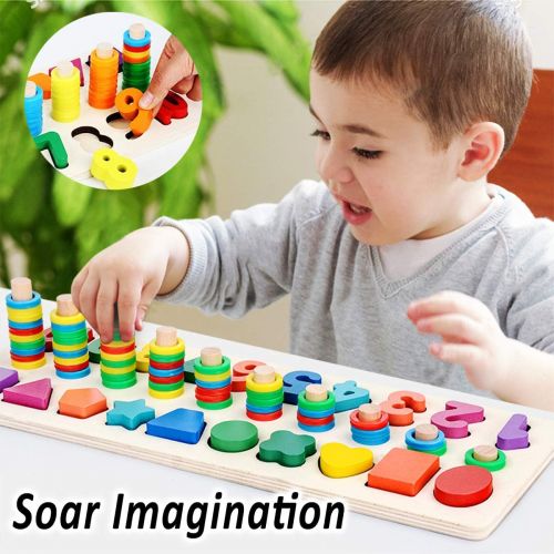  [아마존 핫딜] [아마존핫딜]CozyBomB CozyBomb Wooden Number Puzzle Sorting Montessori Toys for Toddlers - Shape Sorter Game for age 2 3 4 5 year olds kids - Preschool Education Math Stacking Block - Learning Wood Toys