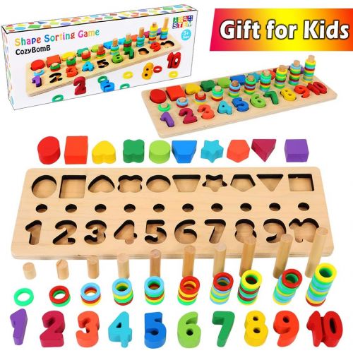  [아마존베스트]CozyBomB Wooden Number Puzzle Sorting Montessori Toys for Toddlers - Shape Color Sorter Game for Age 3 4 5 Kid - Preschool Education Math Stacking Block - Learning Wood Toy - Chunk