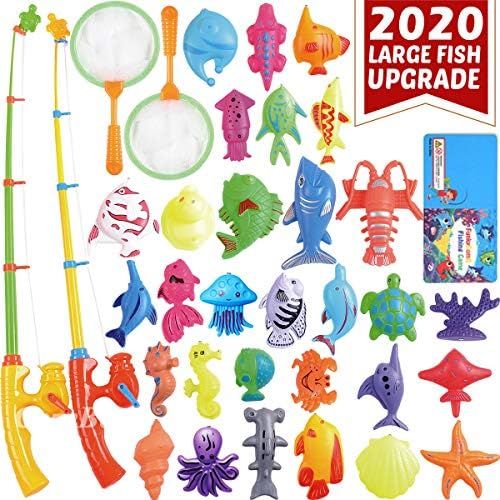  [아마존베스트]CozyBomB Magnetic Fishing Toys Game Set for Kids Water Table Bathtub kiddie Pool Party with Pole Rod Net, Plastic Floating Fish - Toddler Learning all Size Color Ocean Sea Animals