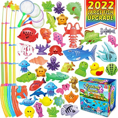  CozyBomB Magnetic Fishing Game Toys Set for Kids - Water Table Bathtub Kiddie Pool Party with Pole Rod Net, Plastic Color Ocean Sea Animals Age 3 4 5 6 Year Old, Instruction Note I