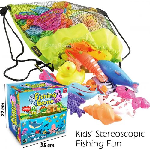  CozyBomB Magnetic Fishing Game Toys Set for Kids - Water Table Bathtub Kiddie Pool Party with Pole Rod Net, Plastic Color Ocean Sea Animals Age 3 4 5 6 Year Old, Instruction Note I