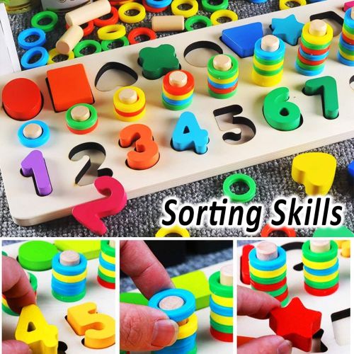  [아마존베스트]CozyBomB Wooden Number Puzzle Sorting Montessori Toys for Toddlers - Shape Sorter Counting Game for Age 3 4 5 Year olds Kids - Preschool Education Math Stacking Block Learning Wood